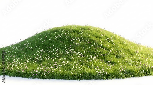 A green grassy hill with small white and pink flowers on it  isolated on white background