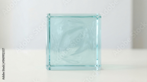 A translucent blue glass brick sits on a white surface.