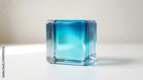 Abstract glass cube with gradient blue tones on a white surface