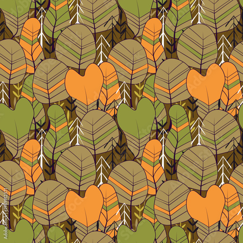 Seamless pattern with trees, plants. Color vector background. Spring, autumn tree for your design. Eco idea concept. Print design for wallpapers, fabric, textile.