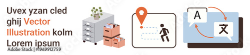 Office management, location tracking, language services, workflow, information sharing, business tasks. Office drawers, map pinpoint person icon and translation symbols. Office management