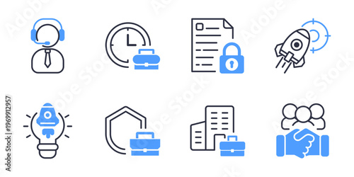 Office Business Workflow And Startup Growth Icons Pack. Team agreement secure document and corporate support vector icons