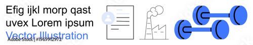 Business strategy, industrial pollution, physical fitness, productivity, eco-consciousness, workflow management. Simplified graphics of document, factory chimneys and dumbbells. Business strategy