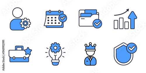Business Office Management And Work Organization Icons Set. Employee productivity schedule control and corporate performance vector icons