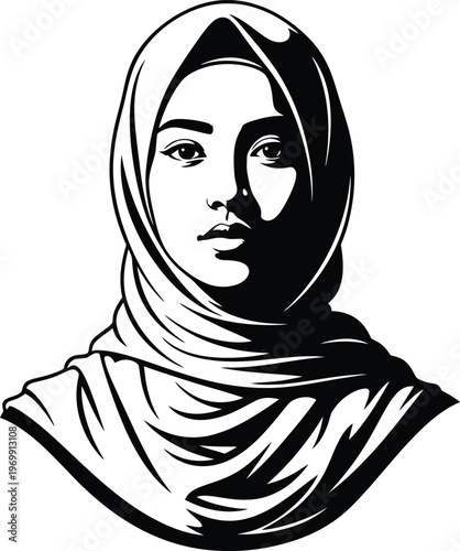 Black and white of a woman wearing a hijab female headscarf 1 portrait