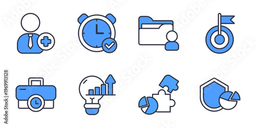 Business Management And Corporate Productivity Icons Set. Project workflow time planning innovation growth and office performance vector icons