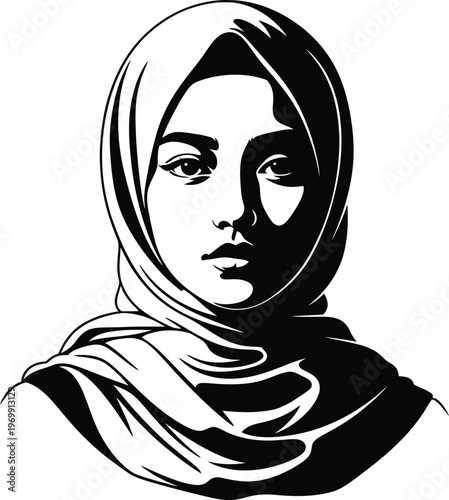Black and white of a woman wearing a hijab headscarf portrait 1 face