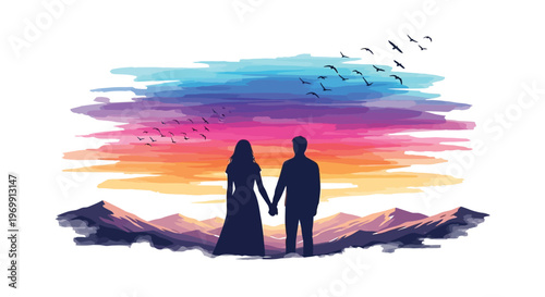 Silhouette of a romantic couple holding hands at sunset with mountains