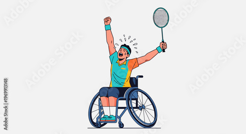 Wheelchair tennis player celebrating victory, athlete raising arm with racket in joy, inclusive sport and inspiration for people with disabilities