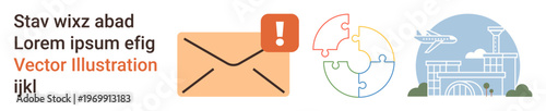 Email alerts, global communication, travel planning, logistics, notification services, network concepts. Orange envelope with exclamation mark, globe puzzle airport scenery. Email alerts and global