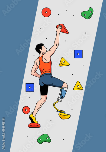 Parasport climbing, man with leg prosthesis climbing on artificial wall, inclusive sport and adaptive physical activity for people with disabilities