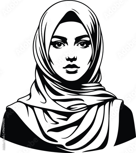 Black and white of a woman wearing a hijab headscarf portrait 2 face