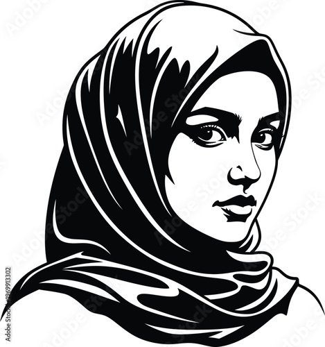 Black and white of a woman wearing a hijab looking to the side headscarf portrait