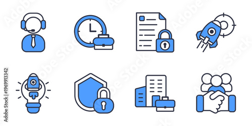 Business Organization And Corporate Office Icons Set. Startup planning security workflow and support staff vector icons