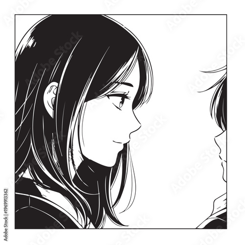 Anime style illustration, black and white manga faces, female and male profiles, cartoon characters