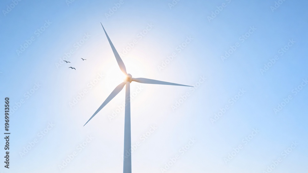 Fototapeta premium Minimal wind turbine with the sun behind and birds flying nearby, blue sky and calm atmosphere