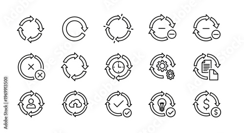 Process Cycle Icons Set: Workflow, Development, Business, Technology, Finance & Data Management