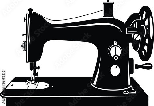Black silhouette of a vintage sewing machine with a handwheel and spool black and white retro