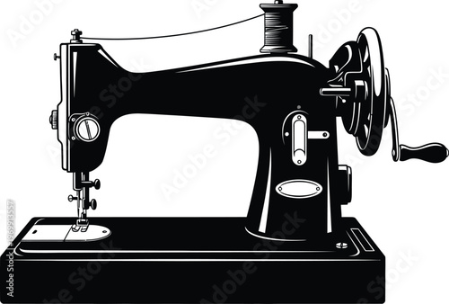 Black silhouette of a vintage sewing machine with a spool of thread black and white retro 1