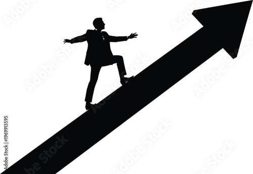 Businessman stepping on rising arrow symbolizing growth success progress and leadership 