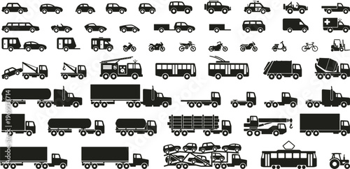 Collection of black vehicle icons on a transparent background, showcasing diverse transportation types.