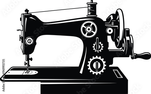 Black silhouette of a vintage sewing machine with gears and a spool of thread black and white