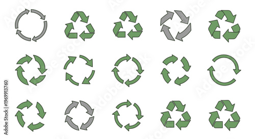 Recycling symbols set, eco-friendly arrows, circular loop icons for sustainability concept