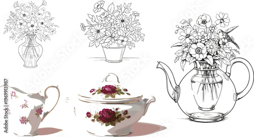 Hand Drawn Floral Teapot, Teacup and Flower Vase Illustration Set with Vintage Botanical Bouquets Decorative Vector Collection