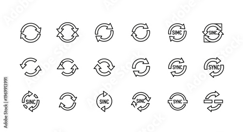 Refresh Reload Sync Icons Set. Outline Circular Arrows for Data Synchronization and Update Process