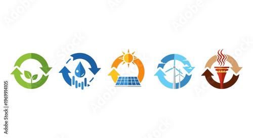 Renewable energy and sustainability concept icons: solar, wind, water, geothermal, ecology