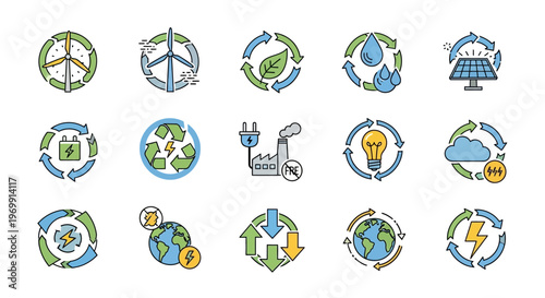 Renewable Energy and Sustainability Icons Set: Eco-Friendly Technology and Environmental Concepts