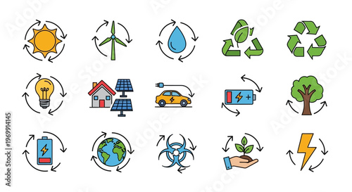 Renewable Energy and Sustainability Icons Set: Eco-Friendly Solutions