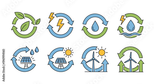 Renewable energy and sustainability icons set. Eco-friendly power sources and environmental conservation symbols.