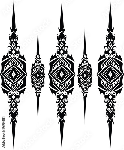 Five black tribal ornamental with diamond shapes and sharp points white pattern