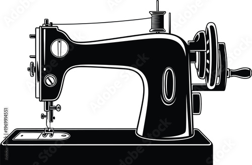 Vintage black sewing machine with spool of thread and hand crank retro black and white