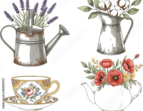 Vintage Floral Teapot, Teacup and Watering Can Illustration Set with Lavender, Cotton and Poppy Flowers Botanical Vector Collection