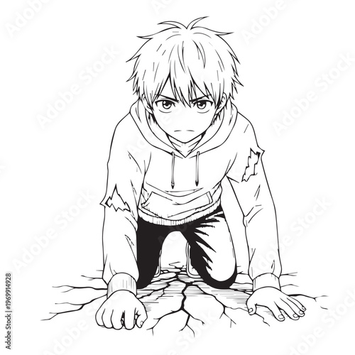 Anime boy crawling on cracked ground, manga style illustration, black and white vector, emotive facial expression