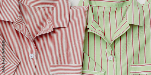 Close up banner with pink green Pajamas folded on white. Top view stylish man and woman sleepwear with natural fabric texture. Cozy striped pyjamas for sleeping, concept of rest, healthy sleep.