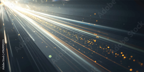 Nighttime traffic flows with high speed as cars and trucks drive along the urban highway lanes, their lights creating a motion blur across the city asphalt