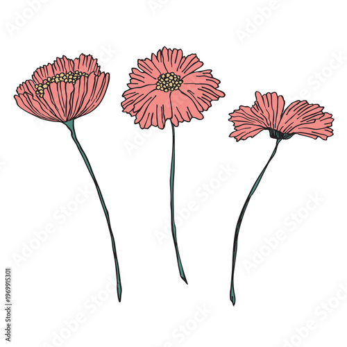 Floral set based on traditional folk art ornaments. Isolated color flowers with leaves. Doodle style. Vector illustration. Simple minimalistic nature element.
