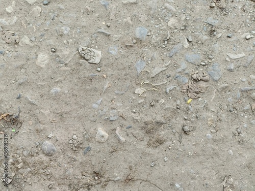 Top View of Textured Ground Transitioning from Rough Gravel Surface to Patterned Paving Tiles