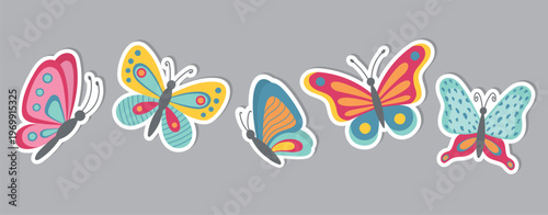 Stickers with butterflies isolated on gray. Set with decorative summer insects