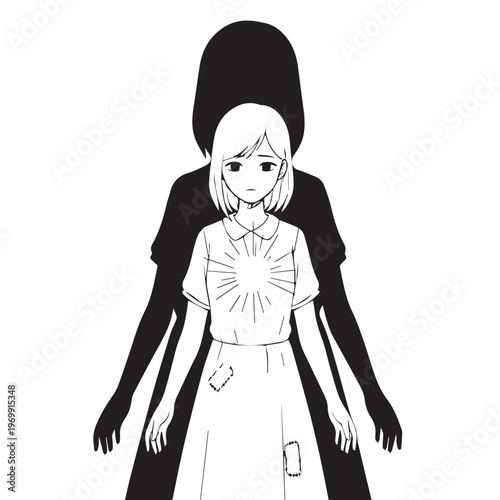 Creepy girl, shadow man, black and white vector illustration, horror, thriller, suspenseful scene