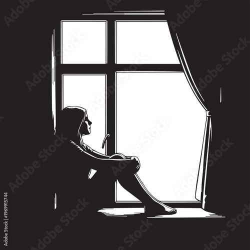Sad woman sitting by window, silhouette illustration, black and white, depression concept, vector graphics
