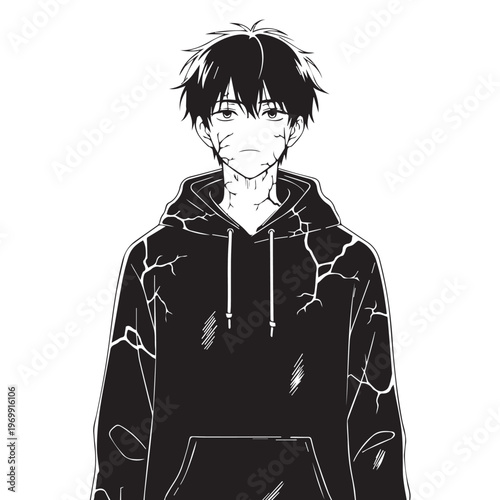 Anime man, black hair, cracked hoodie, manga style, monochrome illustration, young adult