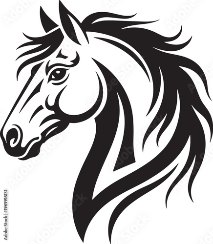 Stylized black horse head silhouette with flowing mane and abstract tribal white