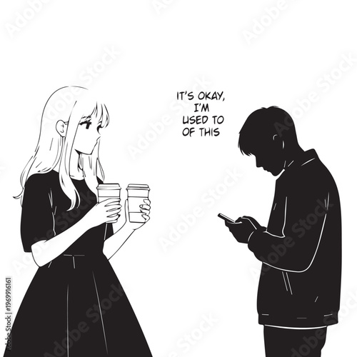 Black and white illustration of couple, man ignoring woman, relationship problems, vector graphic