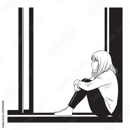 Sad girl, sitting alone, melancholic vector, monochrome illustration, emotional scene