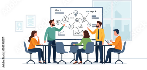 Diverse team brainstorming meeting in modern office with whiteboard and colorful graphics in bright vibrant lighting for business presentation