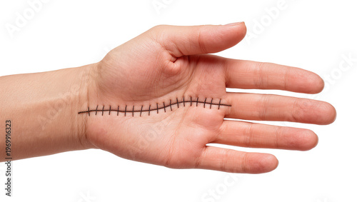 Картината върху платно Pale human palm displaying surgical sutures, revealing healed skin injury